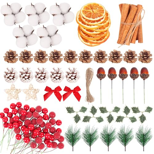 LEUOSO Christmas Wreath Making Supplies, 215Pcs Xmas Wreath Making Kit Artificial Berries Pine Branches Dried Orange Slices Acorn Cinnamon Stars for Christmas Wreath Craft Decoration