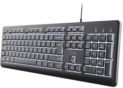 Trust Primo Clavier AZERTY Français Éclairé Filaire, Câble USB-C/USB-A 180 cm, Résistante aux Éclaboussures, Clavier Silencieux LED Ordinateur Portable Mac, Noir