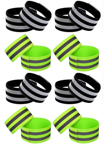 8Pcs Brassard Securite Réfléchissant Haute Visibilité, Serre Pantalon Velo Élastique Réglable pour Cyclisme Course à Pied Marche Jogging, Pince Pantalon Velo Lumineux pour Bras Jambes Chevilles