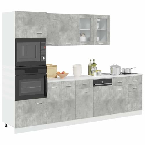 Kaloriko Ensemble de 7 meubles de cuisine Lyon gris béton en bois avec armoire, armoire suspendue, armoire à micro-ondes et tiroirs pour espace de rangement et rangement dans la cuisine