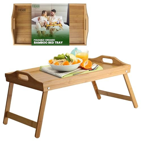 Fusion Food Bamboo Bed Tray Table with Foldable Legs & High Edges Multipurpose Lap Desk Free Standing Wooden Desk for Breakfast in Bed Sofa Snack Trays Strong Durable Laptop Stand Easy to Clean
