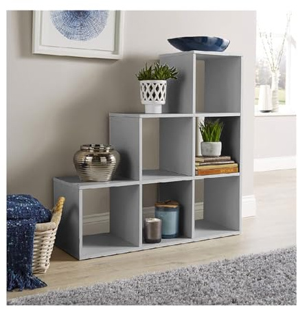 Home Source Step Style Storage 6 Cube Bookcase Wooden Display Staircase, Grey