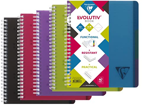 Clairefontaine 329756C Linicolor Lot de 5 Cahiers Evolutiv'Book - A5+ 16x21 - 240 Pages Détachables Lignées Cadrées - Papier Blanc 90 g - Couverture Polypro Transparent - Couleurs Aléatoires Intensive