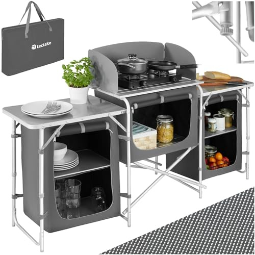 tectake® Campingkök, Mångsidigt, Hopfällbart med Värmebeständig Arbetsplatta, Vindskydd, Lätt & Portabel, Inkl. Bärväska, Lämplig för Gasspis, Med Höjdjusterbara Fötter – Idealt Campingbord