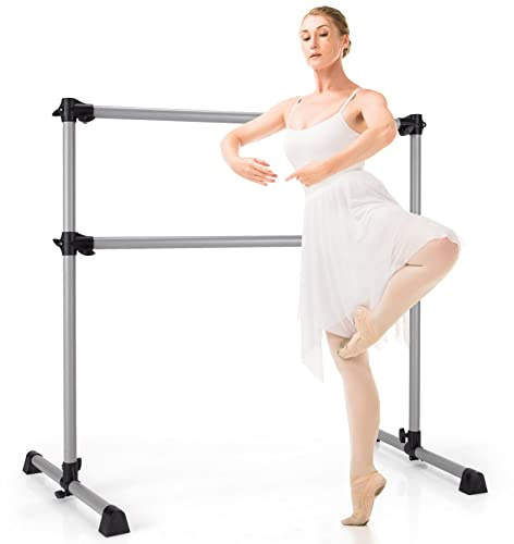 GOFLAME 4FT Ballet Barre Portable, Freestanding Double Ballet Barre Height Adjustable with Anti Slip Base, Heavy Duty Stretch Dance Bar for Home Workout (Sliver)