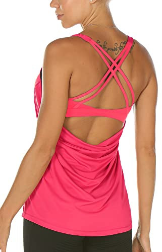 icyzone Damen Sport Top mit BH - 2 in 1 Fitness Yoga Shirt Cross Back Gym Training Tank Top (S, Neon Pink)