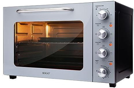 Sogo Horno Sobremesa De Convección, Rustidor y Gratinador - 48 Litros con 6 Funciones, 90 a 230°C, temporizador, puerta de Doble Vidrio 1800W, Gris/Negro (SS-10545)