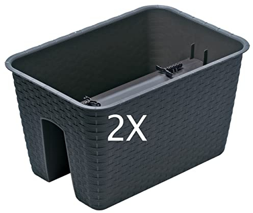 Tymar Blomlåda, 2-pack, blomkruka för balkongräcke, i rottingutseende, balkonglåda, räckes-låda, lutsäker, av plast, med vattenutlopp RR01 (antracit, 40 x 27 cm)