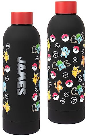 Pokemon Personalisierte Wasserflasche für Kinder, Edelstahl trinkflasche, Pikachu, Schule, Schwarz und Rot
