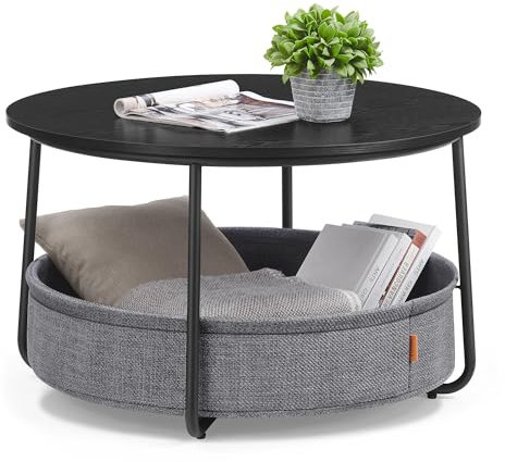 VASAGLE Couchtisch rund, Tisch mit Stauraum, Beistelltisch, Wohnzimmertisch mit Korb aus Stoff, modern, Metallrahmen, tintenschwarz-schiefergrau LCT244B56