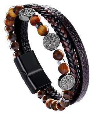 Dochais rostfritt stål äkta läderarmband för män med Jesus Kristus krusifix kors och vikingaträd av livets design, flätad med magnetstängning, 21.0 centimeters, Läder