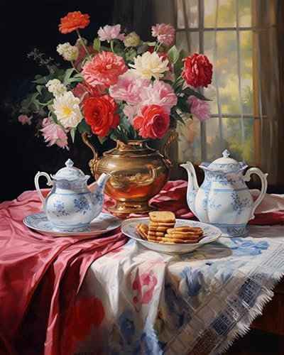 ZMHZMY Dipingere con i numeri fai da te per adulti, set da tè e bouquet fai da te, kit per pittura con i numeri, pittura ad olio, disegno, tela, decorazione per la casa, regalo, 40 x 50 cm, senza