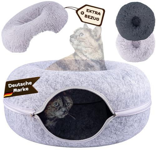 Samtkönig® Katzenhöhle, Katzenbett flauschig, Katzen Donut Tunnel, Katzentunnel aus Filz mit waschbarem Kissen Bezug, Katzenkörbchen als Schlafplatz, Kuschelbett & große Kuschelhöhle 60x60x30cm