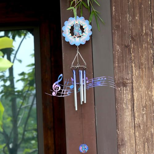 Eulen-Windspiel für draußen mit Windspinnern, Hängedekoration für draußen für Garten, Terrasse, Hinterhof, Veranda, einzigartige Windspiel-Geschenke für Frauen und Mütter im Ruhestand,Blue Owl