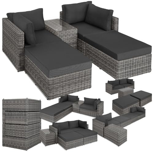 tectake® Rattan Gartenmöbel Set, Variables Lounge Möbel für 4 oder 2 Personen, Ecksofa, Liege, großes Sofa mit Tisch oder als Doppelliege, Balkonmöbel Outdoor, Terrassenmöbel (hellgrau/dunkelgrau)