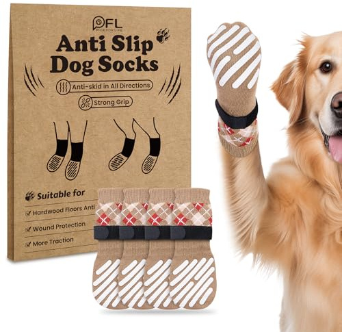 PICK FOR LIFE 2 Pairs Anti Slip Christmas Dog Socks Paws Stop Licking Paw Protectors Winter Warm Dog Slippers Boots Shoes for Puppy Hardwood Floors Indoor Walking (Brown,L)