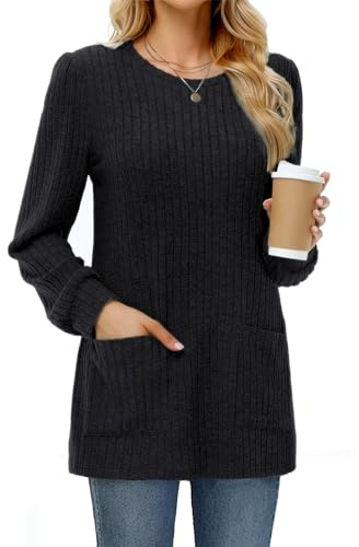 Tanmolo Suéter Mujer Largo Ligero con Bolsillos Cuello Redondo Manga Larga - Jersey Básico de Punto Suave para Otoño Invierno Primavera Negro, L