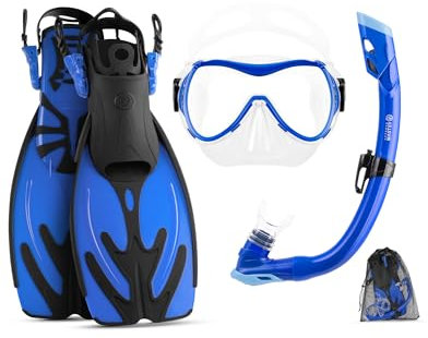 OutdoorMaster Marlin Kinder Maske Flossen Schnorchel Set, Dry Top Schnorchel Ausrüstung mit verstellbaren Flossen, Anti-Fog Schnorchel Maske Set für Jungen und Mädchen Alter 6-16, S/M, Dunkelblau