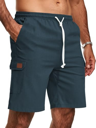 Zetieny Lätta sommarshorts och shorts i linne för män med cargofickor | Elastisk midja, justerbar dragsko, enfärgad, andas, strand, avslappnad, arbete, vardag, utomhus,