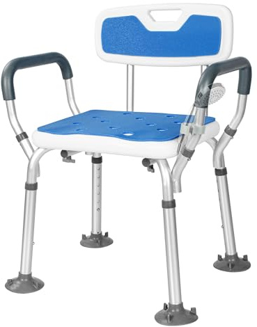 OUUTMEE Sedia da doccia con braccioli e schienale, per adulti e anziani, altezza regolabile a 6 livelli, con piedini a ventosa, sedia da doccia antiscivolo, sedia da bagno per disabili, gravidanza