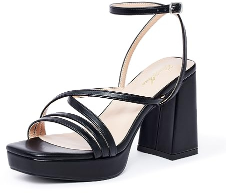 GENSHUO Sandali da donna con tacco alto, plateau spesso, cinturino alla caviglia e punta quadrata aperta - Tacco 10 cm, nero, 41 EU