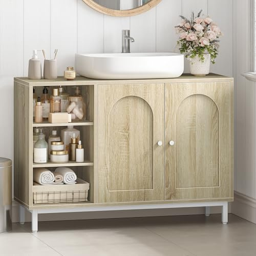 Hzuaneri Meuble sous Lavabo, Meuble de Rangement pour Salle de Bain, pour Évier avec Étagère Ouverte et 2 Portes, Étagère Réglable, pour Lavabos sur Colonne, avec Pieds, Chêne Clair BC09816W