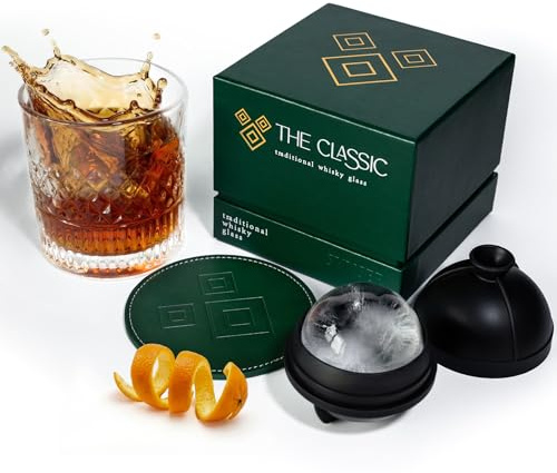 Whisky Glass Gift Set - Traditional Old Fashioned Whiskey Glass with Ice Ball Mould & Branded Drink Mat
