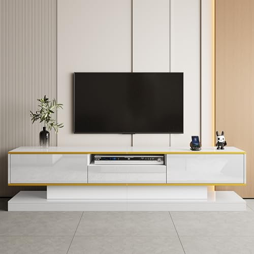 Merax High Gloss LED TV Unit with Drawers,Black TV Cabinet with Colour Changing LED Lights, Entertainment Media Console with Storage for Living Room - 180x38x45cm