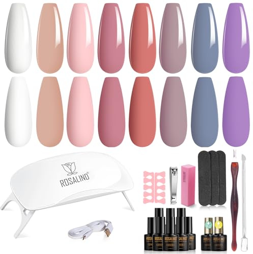 ROSALIND Kit Uñas Semipermanentes con UV LED Lámpara 8+2 PCS Blanco Rosa