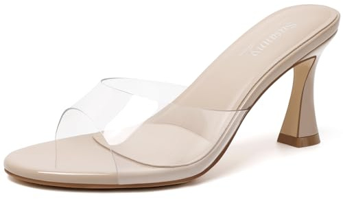 Susanny High Heels for Women Pointed Open Toe Strappy Chunky Block Heels Ankle Strap Stiletto Kitten Heeled Sandals Wedding Bridal Party Prom Sexy Dress Shoes, Mule_clear, 9 UK
