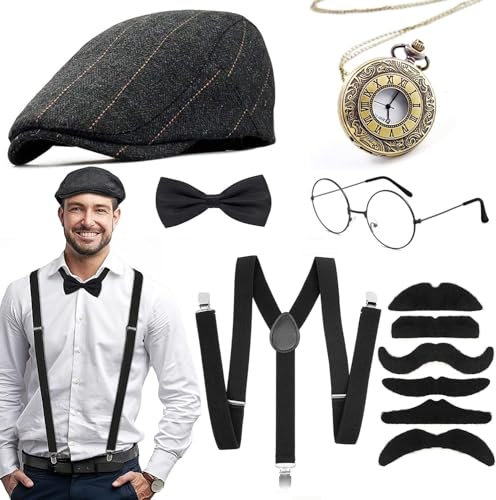 Alintor 20er Jahre Herren Accessoires, FaschingsKostüme Männer, Peaky Blinders Kostüm, Mafia Karneval Kostüm Herren, 20er Jahre Accessoires Panama Hut Taschenuhr Hosenträger Herren Kostüm Set