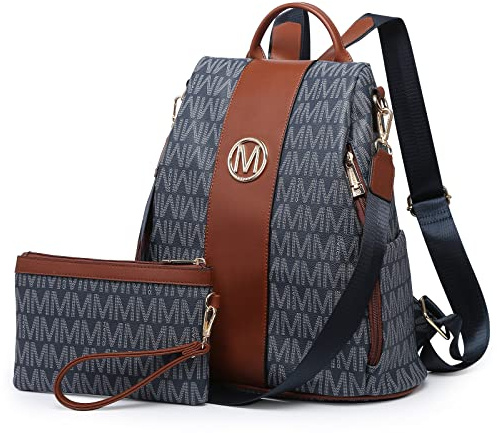 MKP COLLECTION Modischer Rucksack für Damen, Geldbörse, mehrere Taschen, diebstahlsicher Rucksack, Umhängetasche für Reisen, Handtaschen-Set, 2-teilig, Dunkelblau, 11.8 L x 5.5 W x 14 H