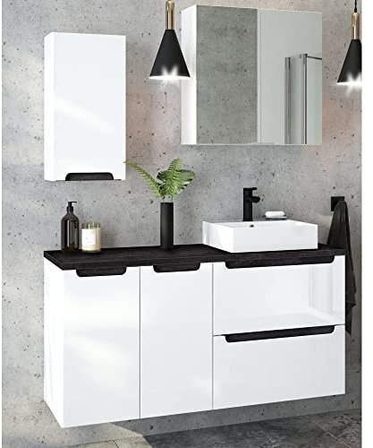 Lomadox Badmöbel Set, Hochglanz weiß mitBeton-Dunkel, 60cm Waschtischunterschrank mit 40cm Keramik-Waschtisch, Spiegelschrank, 2 Unterschränke & Hängeschrank B/H/T 120/200/46 cm