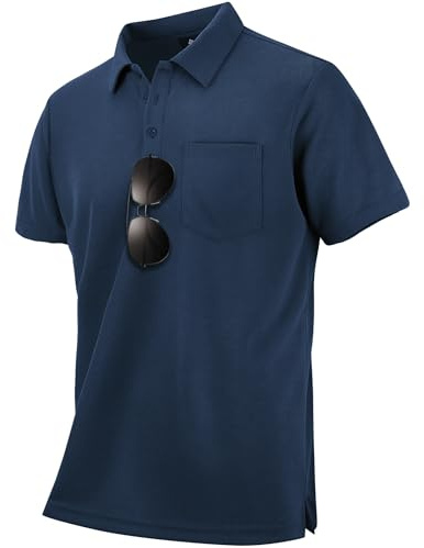WENTTUO Mens Polo Shirts Short Sleeve Summer Moisture Wicking Performance Athletic Golf Shirts for Men with Pocket, Navy, XL