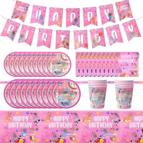 Anniversaire, 42 Pièces Vaisselle de Fête, Deco Anniversaire fête d'anniversaire Inclure Nappe,Assiette Rose, Tasses, Bannière, Serviette pour 10 à 20 Portions