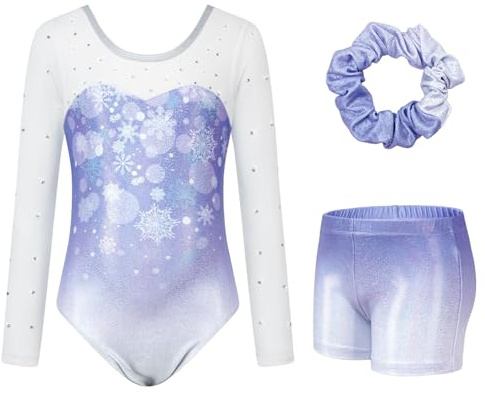 JiAmy Maillot de gimnasia para niñas, 3 piezas, manga larga, brillante | Unitardos de ballet con purpurina para bailar, ropa deportiva con pantalones cortos y coleteros, para niñas de 3 a 12 años