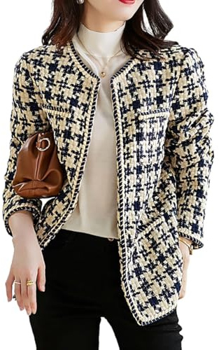 BININBOX Blazer en Tweed Chic Veste Courte à Carreaux pour Femme Élégant sans Col Travail Bureau Décontracté