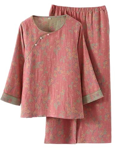 Modeewel Japanese Sleepwear For Women Chinese Pyjama Hanfu Kimono Japanese Nightwear Two-Piece Pants Suit Loungewear Sweatshirt Suit, pink, L