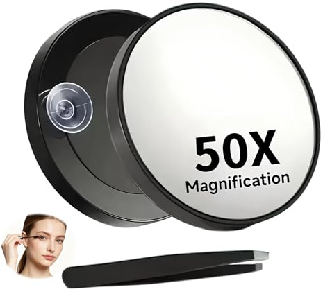Xevtrak 50X Magnifying Makeup Mirro, Make Up Mirror Magnifying with Suction Cup, Precision Tweezers, Travel Mirror, Small Mirror for Detailed Skincare