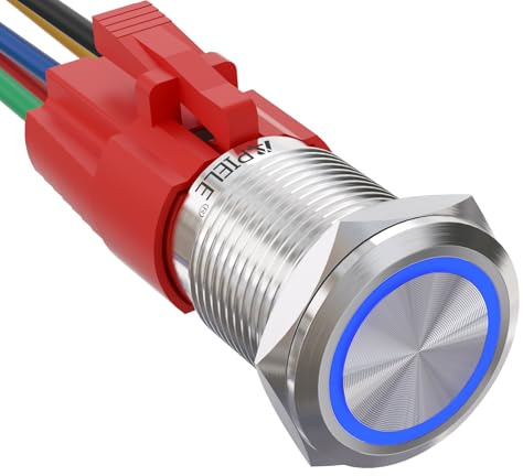 APIELE Interruttore a pressione da 16 mm, 12 VDC 5 A, in acciaio inox con illuminazione ad anello a LED, impermeabile, interruttore a pulsante con spina pre-cablata, per auto, camion, barca, camion,