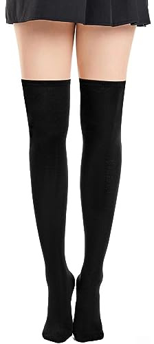 Ammiko Womens Thigh High Socks Cotton Striped Over the Knee Socks Long Knee High Socks Casual High Stockings for Women Solid Black