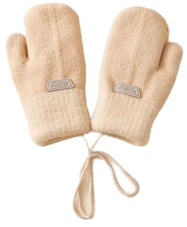 Moufle Enfant Chauffant Hiver Gants Peluche Douce Moufles Plein-doigts Epais Mitaines Tricoté Crochet Gant de Plein Air Ski Snowboard Vélo Anti-froid avec Corde Anti-perdu pour Fille Garçon 1-6 Ans