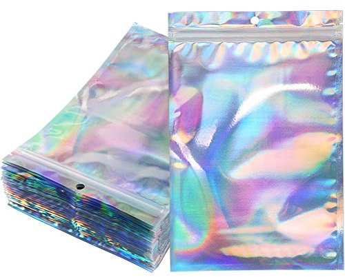 16x24cm Zip Lock Bags, Holographic Large Mylar Foil Ziplock Food Storage Bags Sealable Packaging Gift Pouch for Candy Cookies Jewellery Lash Lip Gloss Sample(Pack of 50)