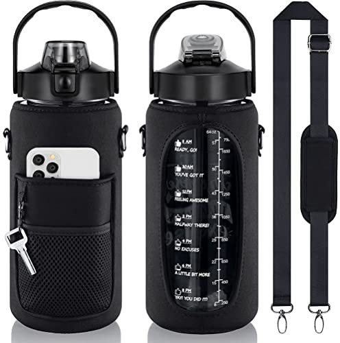 Sac pour bouteille d'eau, 1,8 l, housse pour bouteille d'eau, carafe d'eau, housse isolée en néoprène avec bandoulière, fitness et entraînement