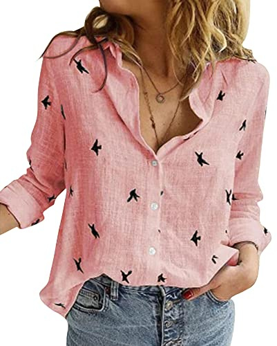 Livonmone Women's Blouse Casual Long Sleeve Shirts V Neck Button Down Basic Loose Tunic Tops (Pink, S)