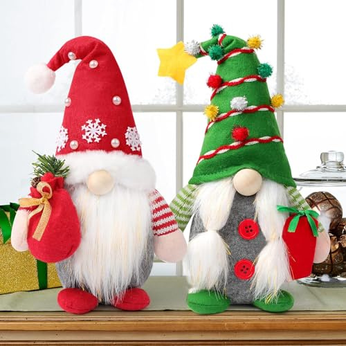 LATERN 2 Pezzi Bambole di Peluche Gnomo di Natale, Tomte Svedese Natalizio Fatto a Mano Cappello da Albero di Natale Seduto Gonk Bambola Elfo Nano per Caminetti Natale Festa Arredamento (31cm x 15cm)