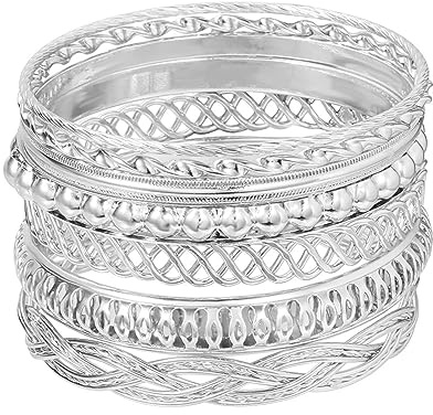 7Pcs Bohemian Indian Chunky Stackable Textured Bangle Bracelet Set Multilayer Boho Cable Rhinestone Bead Bracelet for Women Friend Vintage African Wedding Jewelry Birthday Gift-K 7pcs silver