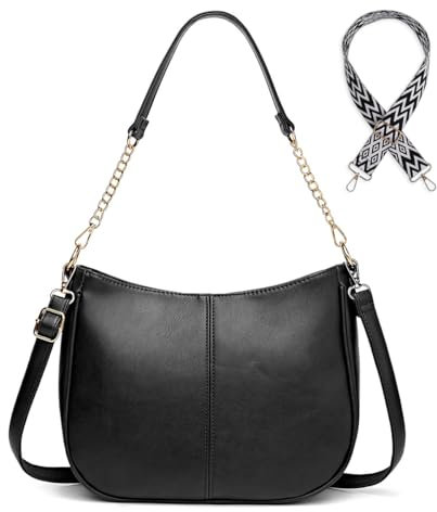 LUXCAELY Modische Damen Handtasche Hobo, Umhängetasche aus PU Leder mit Kette und verstellbaren Schultergurten - Ideal für Arbeit, Reisen und Freizeit - Schwarz