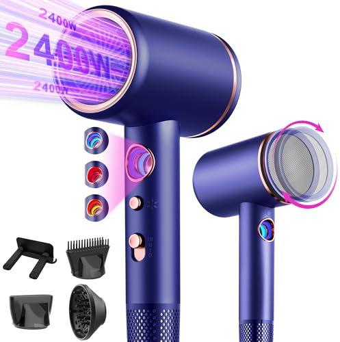 Föhn,Fön,Haartrockner Profi Ionen mit AC Motor 2400W Reisefön Diffusor|Haarfön 4-in-1|Heiß-/Kalttaste|3 Heiz&3 Geschwindigkeitsstufen|Hair Dryer mit Schnelle Aufheizung Dunkellila