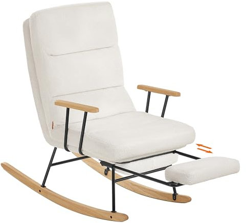 SONGMICS HOME Schaukelstuhl, Füße aus Kautschukholz, Schaukelsessel, Fleece Oberfläche, 4-Fach verstellbare Rückenlehne, bis 160 kg belastbar, für Schlafzimmer, Wohnzimmer, cremeweiß LYY016W01